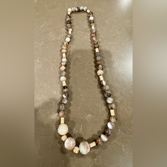 Vintage Botswana Agate gemstone necklace with 14K gold corrugated Beads.